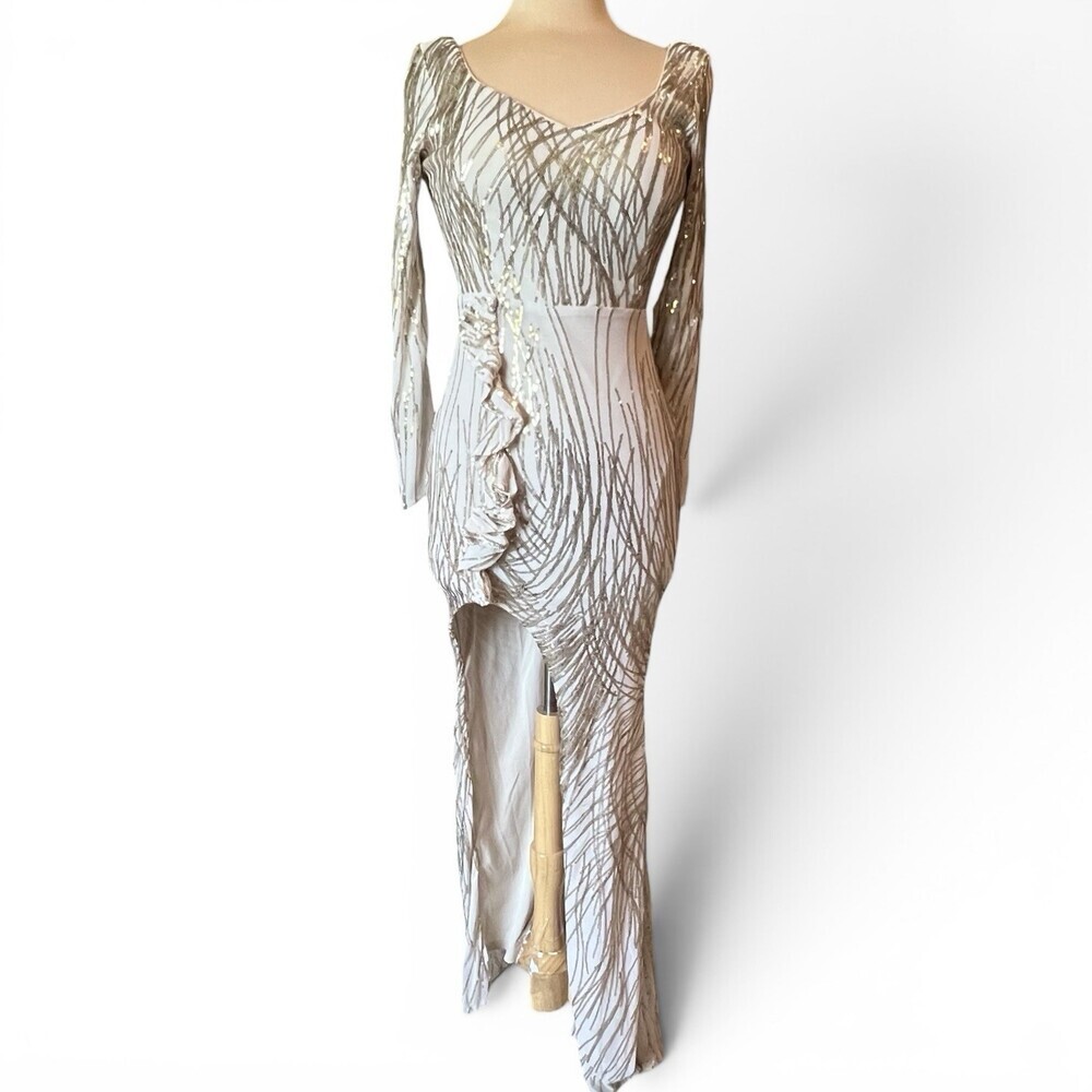 Miss Ord Cream Gold Sequin Evening Gown Medium Formal Dress Slit Gala Wedding M